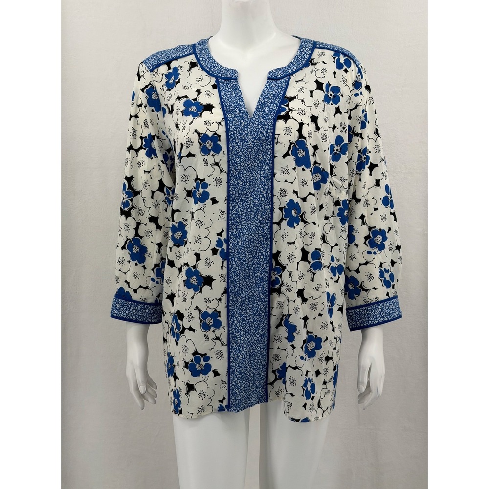 Talbots Top Womens 1X Blue Ivory Floral 3/4 Sleeve Boho Spring Office Artsy Work